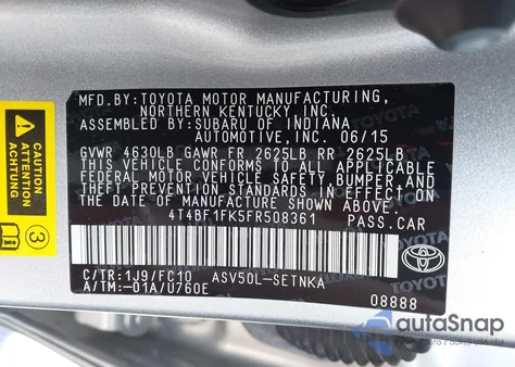 2015 Toyota Camry Le из США, поврежденный, VIN 4T4BF1FK5FR508361